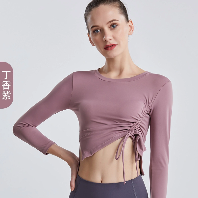 New Yoga Clothes Women′ S Running Fitness Sports Top Summer Bow Drawstring High Elastic Slim Long Sleeves