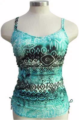 Costume da bagno due pezzi da donna, top tankini stampato, cintura stampata a contrasto, fondo tinta unita