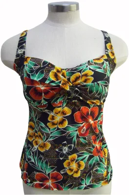 Costume da bagno due pezzi da donna, top tankini incrociato stampato, cintura stampata a contrasto sul fondo, cintura invertita a contrasto sul fondo